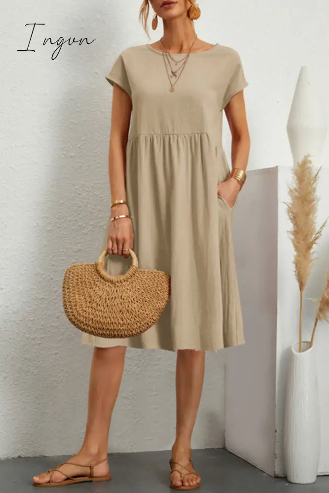 Ingvn - Casual Solid Patchwork O Neck A Line Short Sleeve Dress(11 Colors) Dresses/Short Dress
