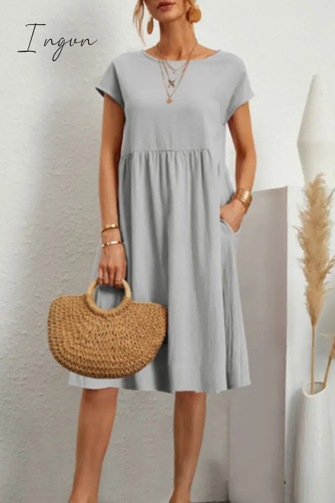 Ingvn - Casual Solid Patchwork O Neck A Line Short Sleeve Dress(11 Colors) Dresses/Short Dress