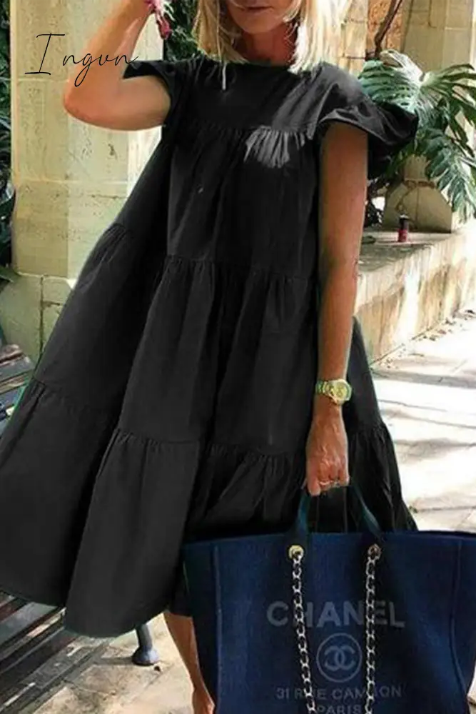 Ingvn - Casual Solid Patchwork O Neck Cake Skirt Dresses Dresses/Casual