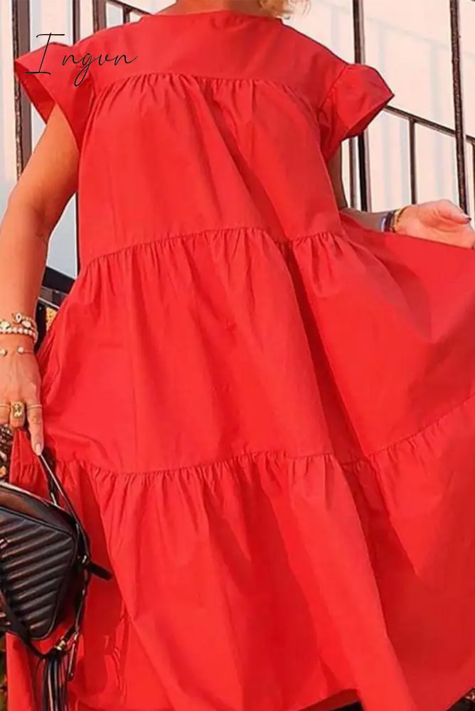 Ingvn - Casual Solid Patchwork O Neck Cake Skirt Dresses Dresses/Casual