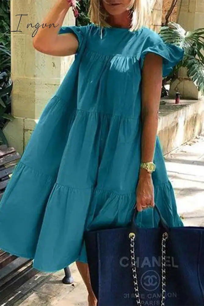 Ingvn - Casual Solid Patchwork O Neck Cake Skirt Dresses Blue / S Dresses/Casual