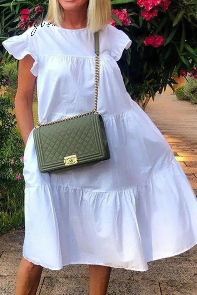 Ingvn - Casual Solid Patchwork O Neck Cake Skirt Dresses White / S Dresses/Casual