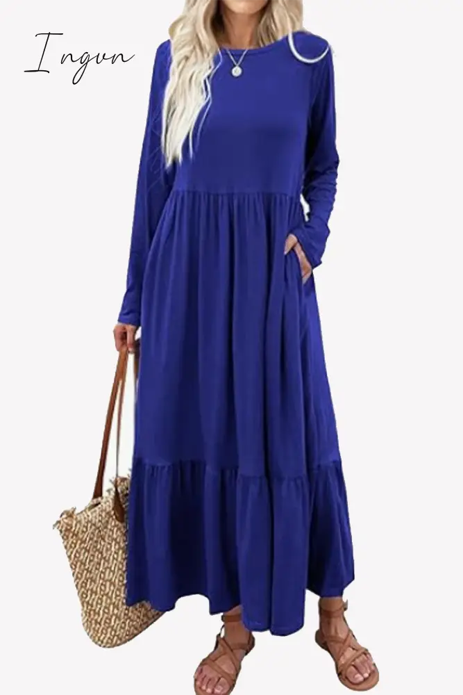 Ingvn - Casual Solid Patchwork Pocket O Neck A Line Dresses Blue / S Dresses/Long Sleeve