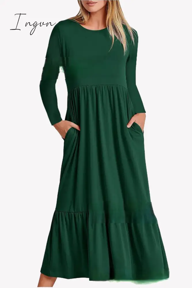 Ingvn - Casual Solid Patchwork Pocket O Neck A Line Dresses Ink Green / S Dresses/Long Sleeve