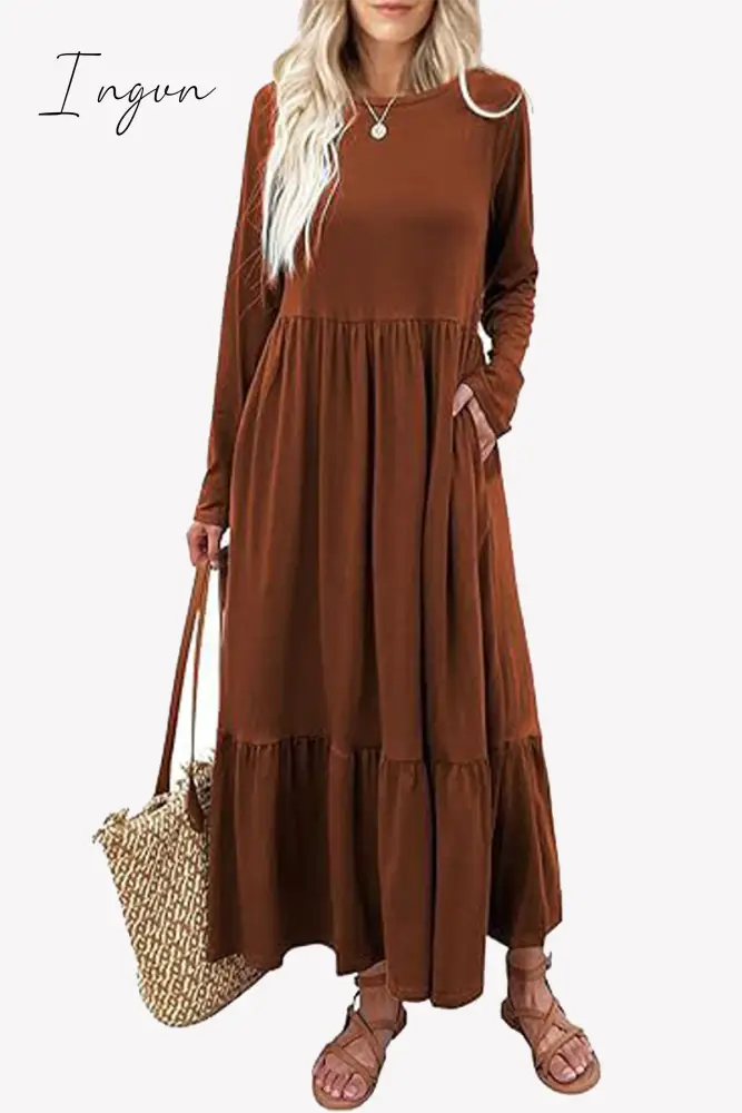Ingvn - Casual Solid Patchwork Pocket O Neck A Line Dresses Light Brown / S Dresses/Long Sleeve