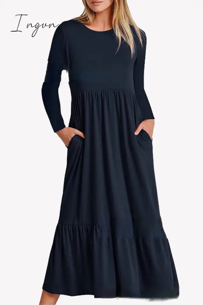 Ingvn - Casual Solid Patchwork Pocket O Neck A Line Dresses Dresses/Long Sleeve