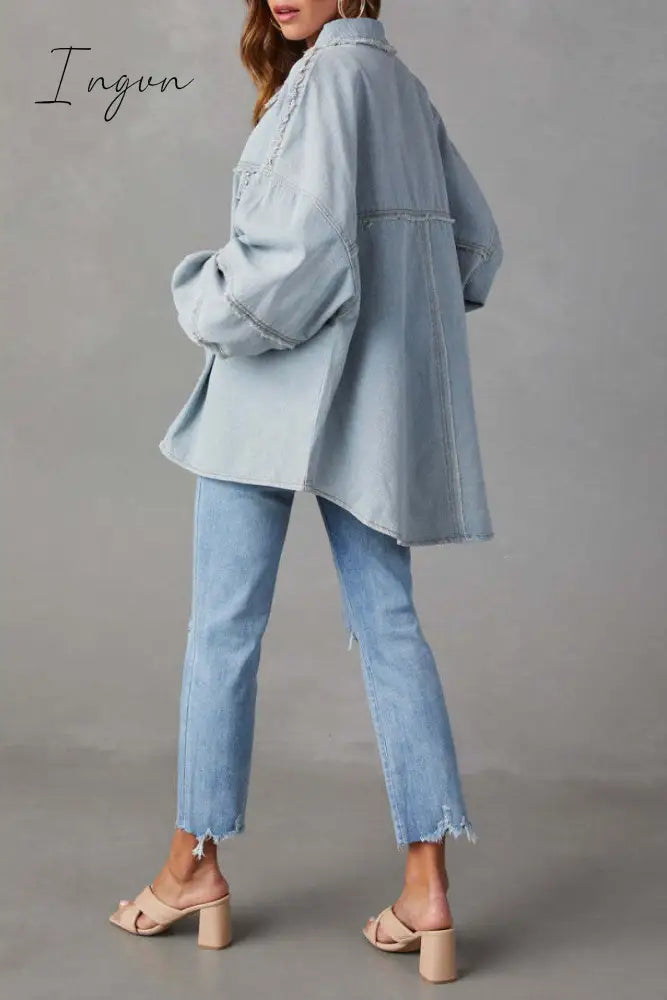 Ingvn - Casual Solid Patchwork Turndown Collar Long Sleeve Regular Denim Jacket Denim/Denim