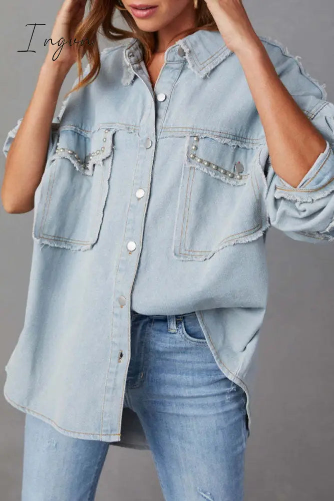 Ingvn - Casual Solid Patchwork Turndown Collar Long Sleeve Regular Denim Jacket Denim/Denim