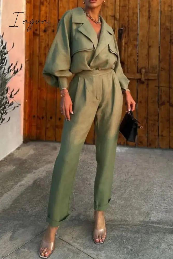 Ingvn - Casual Solid Patchwork Turndown Collar Long Sleeve Two Pieces Army Green / S