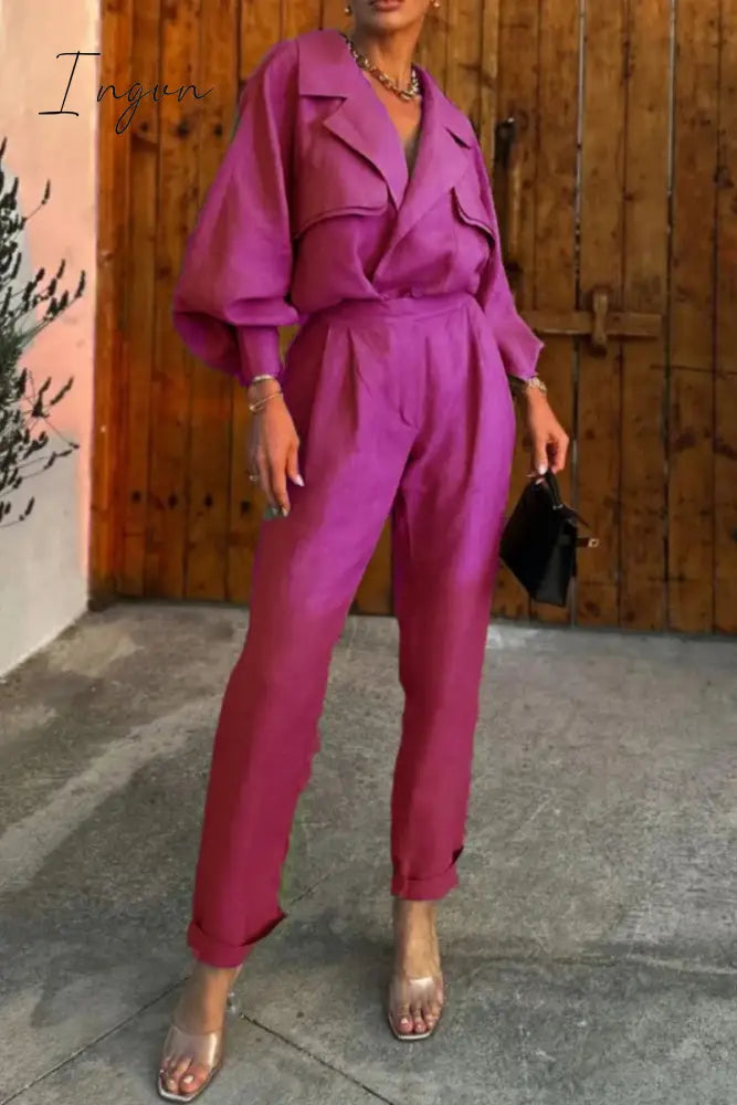 Ingvn - Casual Solid Patchwork Turndown Collar Long Sleeve Two Pieces Pieces/Two-Piece Pants Set
