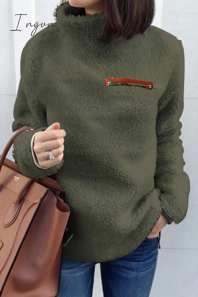 Ingvn - Casual Solid Patchwork Turtleneck Tops Army Green / S Tops/Long Sleeve