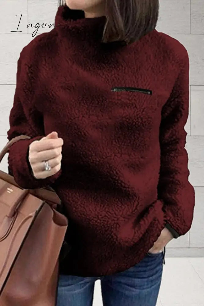 Ingvn - Casual Solid Patchwork Turtleneck Tops Burgundy / S Tops/Long Sleeve