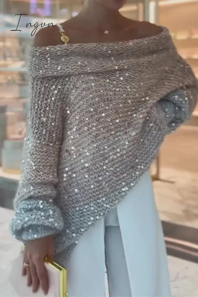 Ingvn - Casual Solid Sequins Sequined Off The Shoulder Tops Silver / S Tops/Sweaters & Cardigans