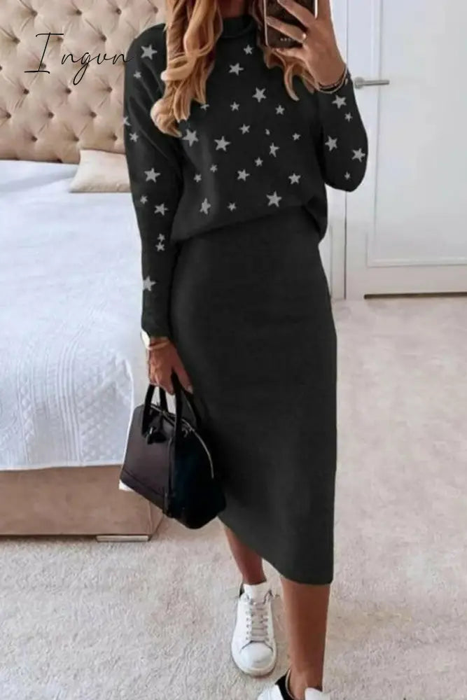 Ingvn - Casual The Stars Patchwork O Neck Long Sleeve Two Pieces(7 Colors) Black / S