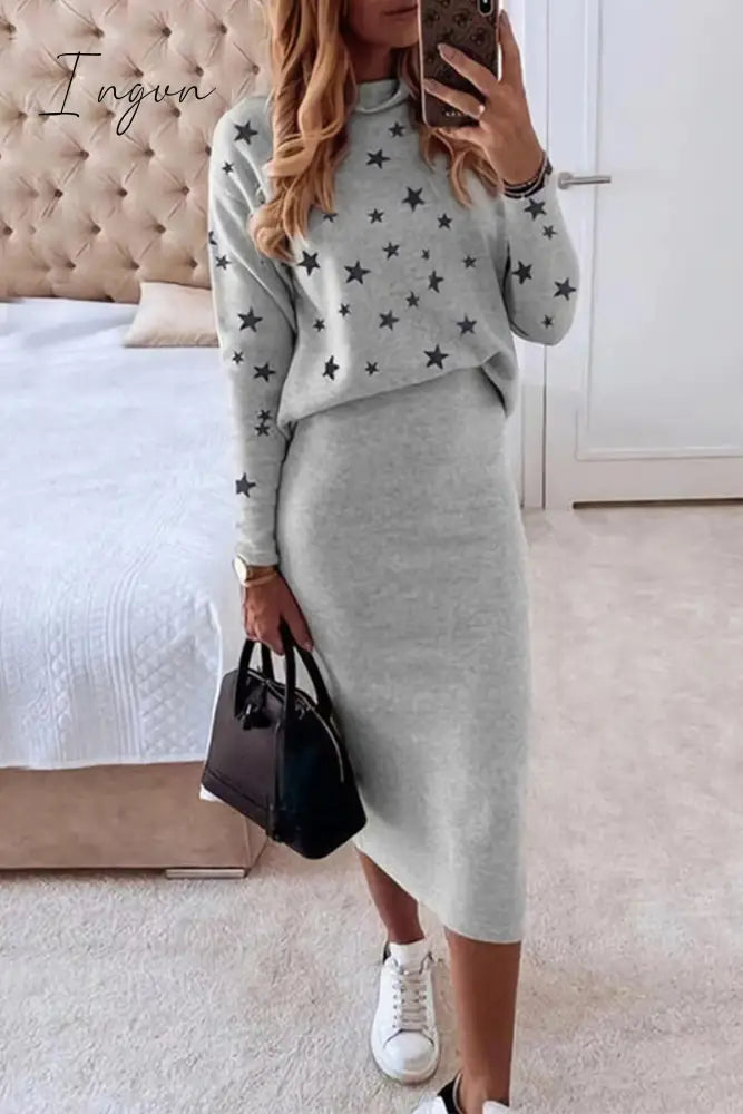 Ingvn - Casual The Stars Patchwork O Neck Long Sleeve Two Pieces(7 Colors) Light Gray / S