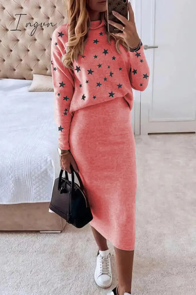 Ingvn - Casual The Stars Patchwork O Neck Long Sleeve Two Pieces(7 Colors) Pieces/Two-Piece Dress