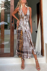Ingvn - Casual Vintage Striped Print Slit V Neck Printed Dress Dresses Dresses/Casual