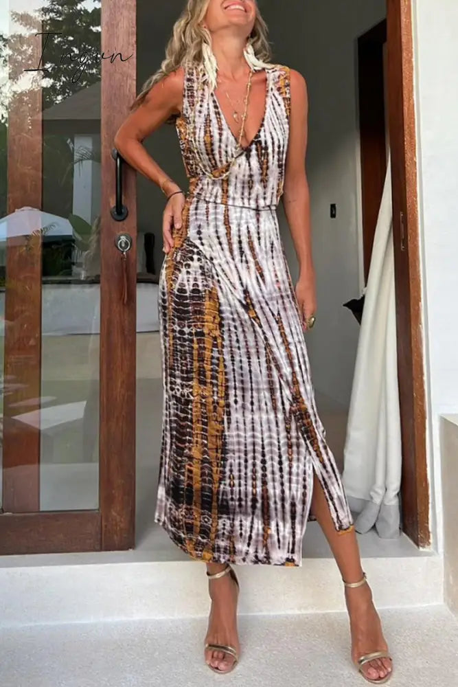 Ingvn - Casual Vintage Striped Print Slit V Neck Printed Dress Dresses Multicolor / S Dresses/Casual