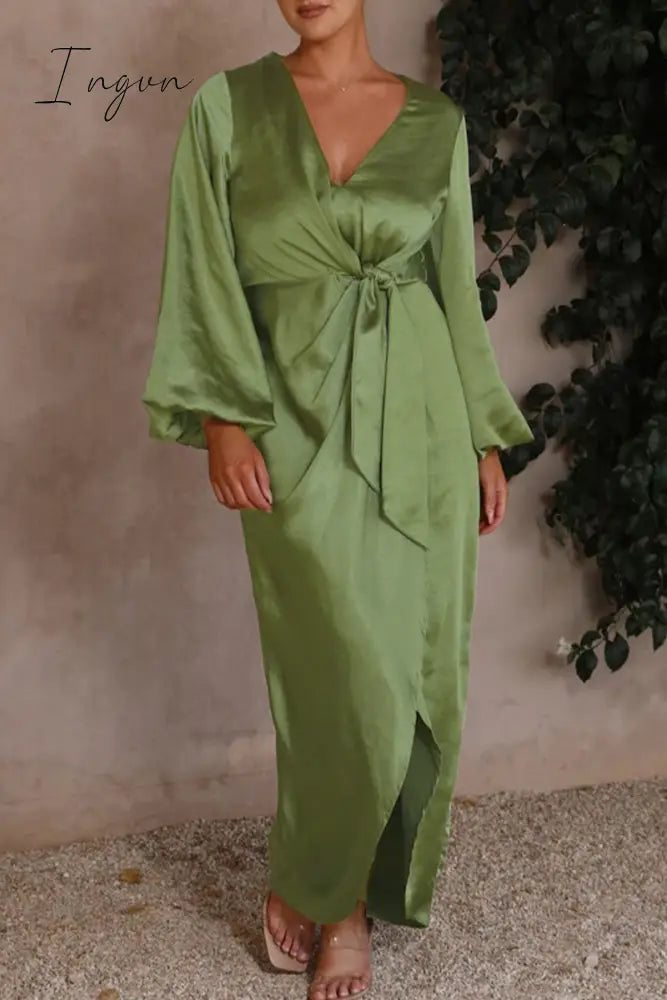Ingvn - Celebrities Elegant Solid Bandage V Neck A Line Dresses Dresses/Long Sleeve