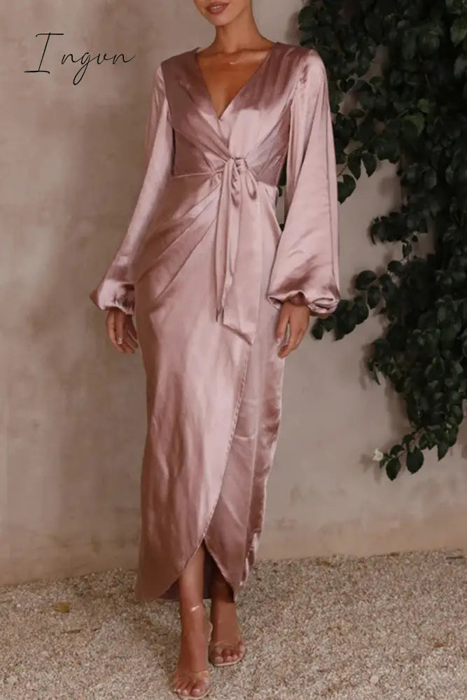 Ingvn - Celebrities Elegant Solid Bandage V Neck A Line Dresses Dresses/Long Sleeve