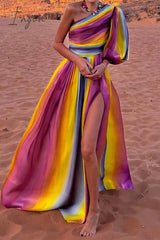 Ingvn - Celebrities Elegant Striped Slit Contrast Oblique Collar Waist Skirt Dresses Rainbow Color