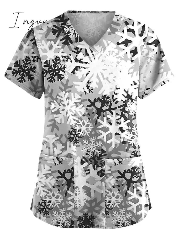 Ingvn - Christmas Scrub Tops Women Printing Short Sleeve V-Neck Working Uniform With Pocket
