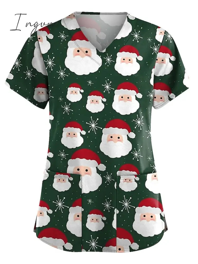 Ingvn - Christmas Scrub Tops Women Printing Short Sleeve V-Neck Working Uniform With Pocket