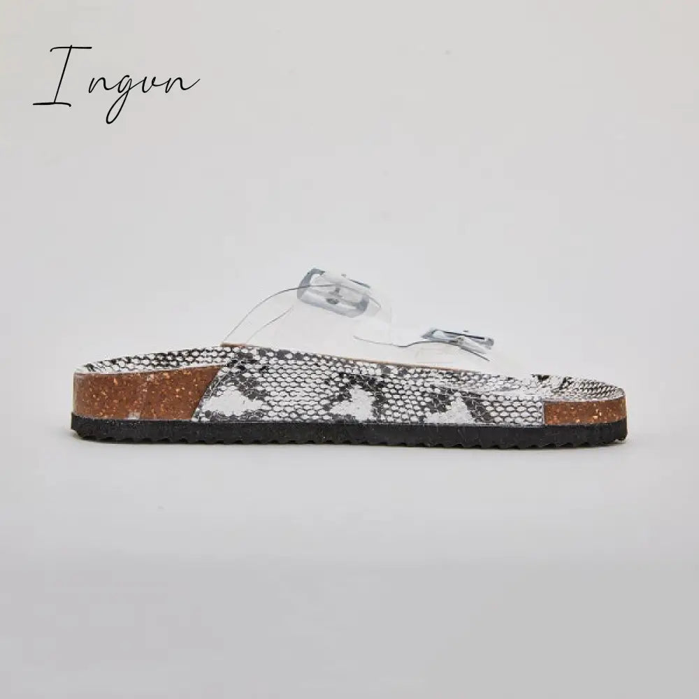 Ingvn - Clear Straps Silver Buckles Cheetah Slippers