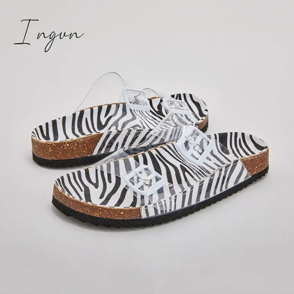 Ingvn - Clear Straps Silver Buckles Cheetah Slippers