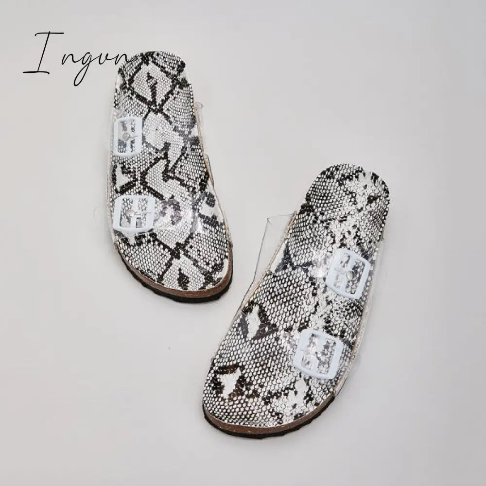 Ingvn - Clear Straps Silver Buckles Cheetah Slippers Snake / 5