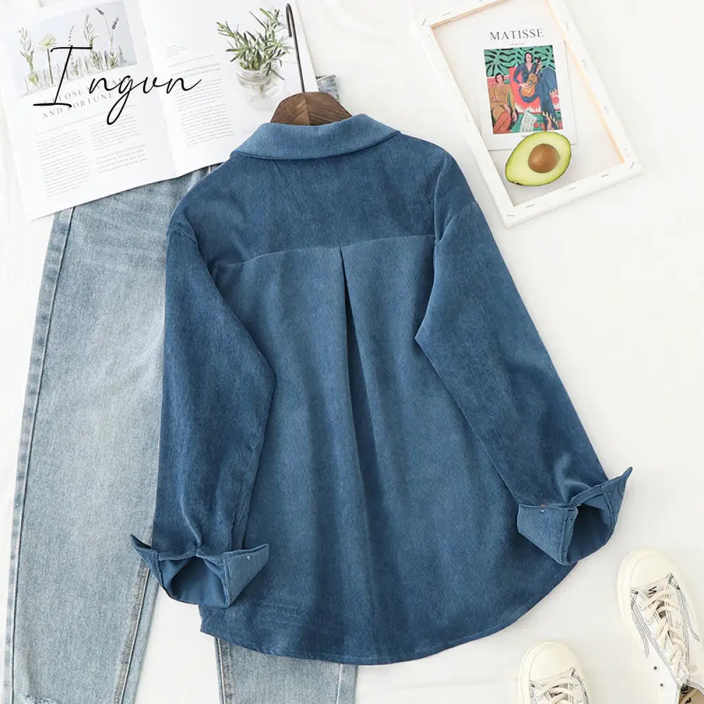 Ingvn - Corduroy Shirts Womens Tops And Blouses Long Sleeve Spring Ladies Solid Loose Boyfriend