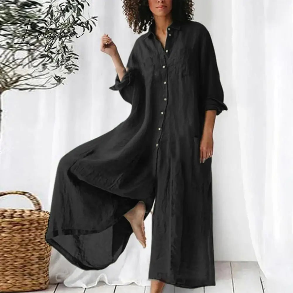 Ingvn - Cotton Linen Women Jumpsuit Oversized Vintage Button Summer Casual Beach Playsuit Wide Legs