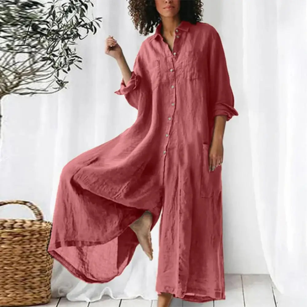 Ingvn - Cotton Linen Women Jumpsuit Oversized Vintage Button Summer Casual Beach Playsuit Wide Legs