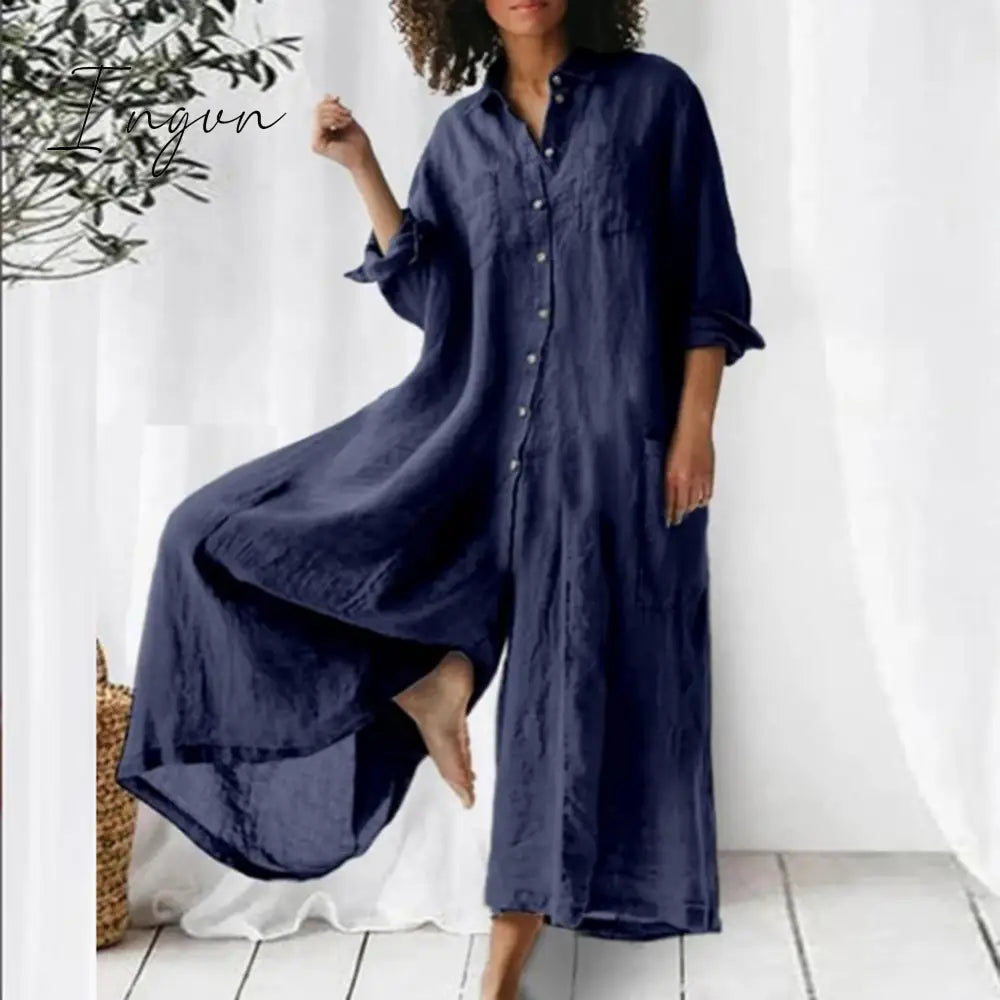 Ingvn - Cotton Linen Women Jumpsuit Oversized Vintage Button Summer Casual Beach Playsuit Wide Legs