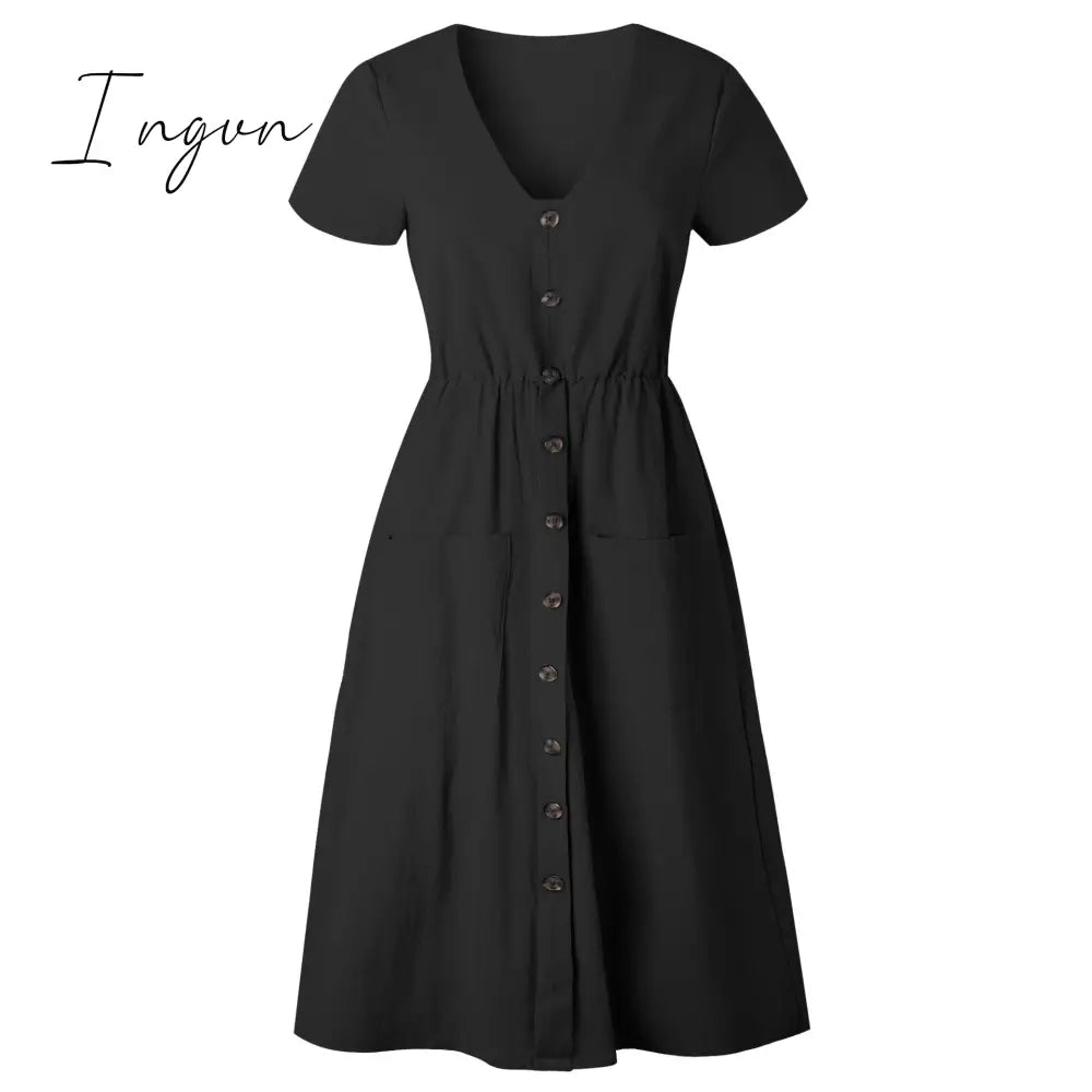 Ingvn - Cotton Linen Women Summer Dress Casual V - Neck Button Pocket Short Sleeve A - Line Midi