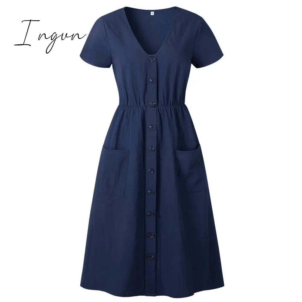 Ingvn - Cotton Linen Women Summer Dress Casual V - Neck Button Pocket Short Sleeve A - Line Midi