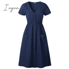 Ingvn - Cotton Linen Women Summer Dress Casual V - Neck Button Pocket Short Sleeve A - Line Midi