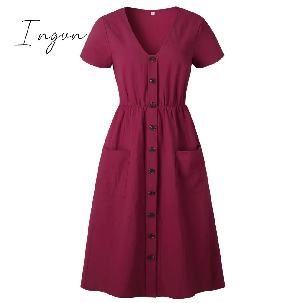 Ingvn - Cotton Linen Women Summer Dress Casual V - Neck Button Pocket Short Sleeve A - Line Midi