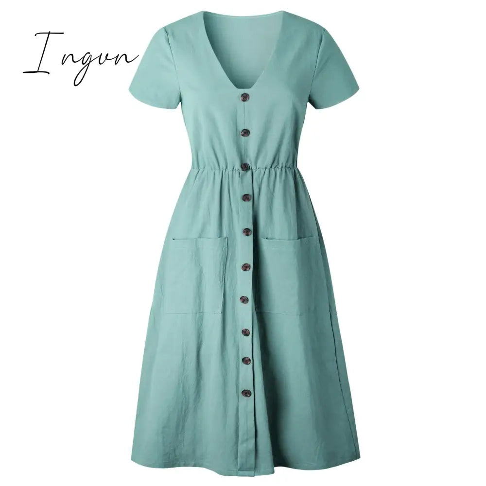 Ingvn - Cotton Linen Women Summer Dress Casual V - Neck Button Pocket Short Sleeve A - Line Midi