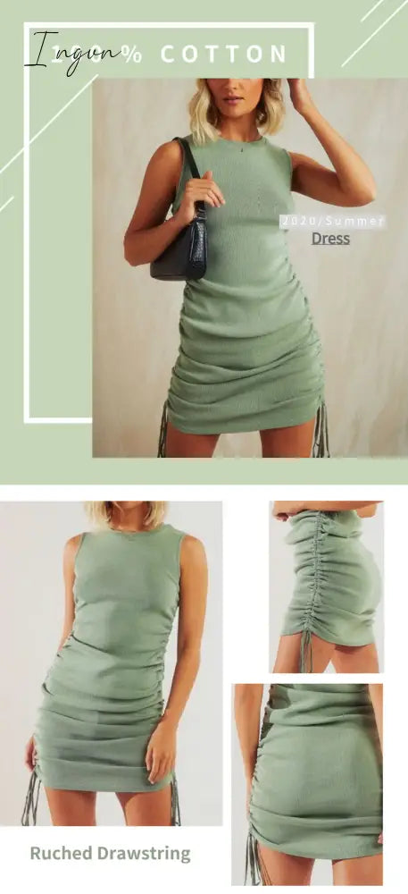 Ingvn - Cotton Ruched Drawstring Sexy Party Dress Women Sleeveless Elastic Mini Vintage Summer