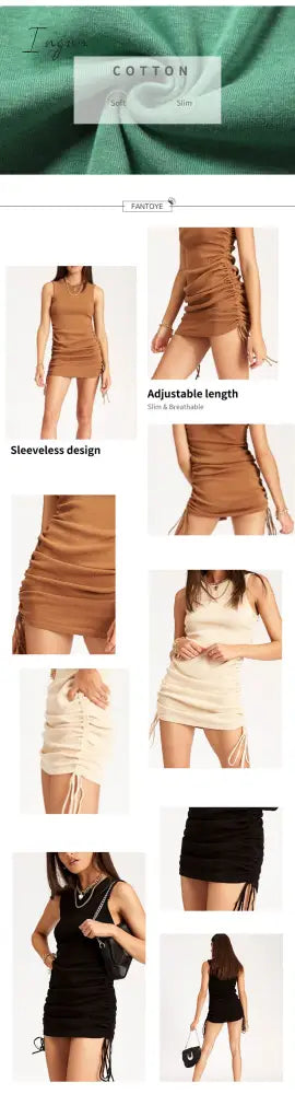 Ingvn - Cotton Ruched Drawstring Sexy Party Dress Women Sleeveless Elastic Mini Vintage Summer