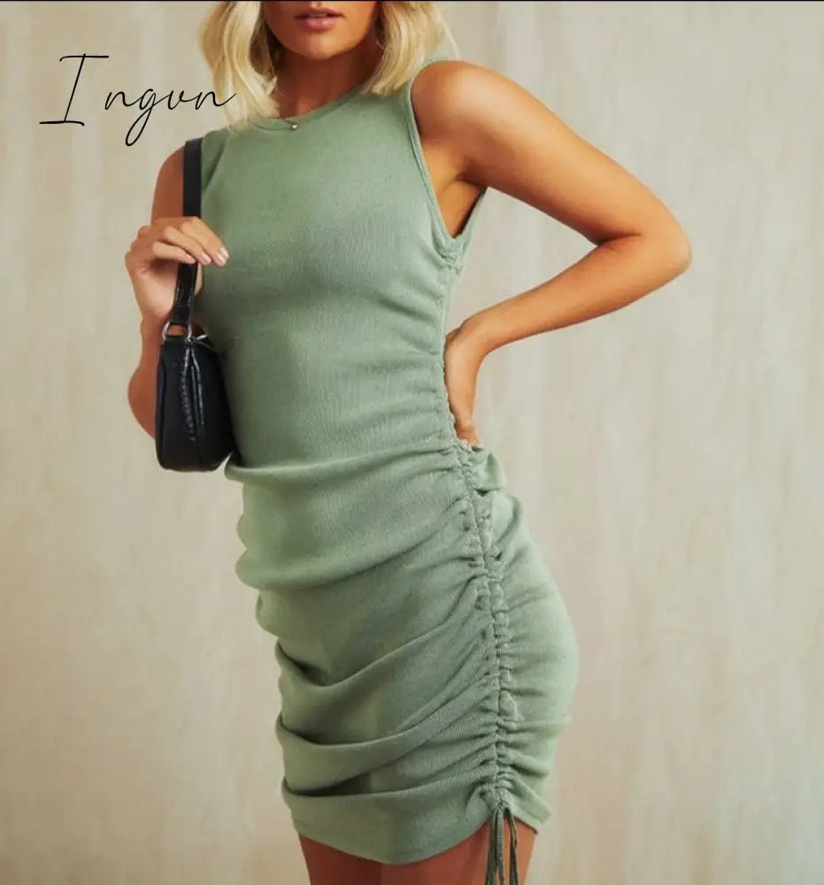 Ingvn - Cotton Ruched Drawstring Sexy Party Dress Women Sleeveless Elastic Mini Vintage Summer