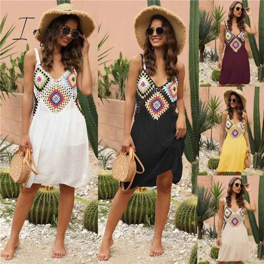 Ingvn - Crochet Beach Cover-Ups Summer Tunic Cover Up Saida De Praia Knitted Swimsuit Ups For Women