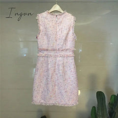 Ingvn - Designer Women Tweed Party Vest Dress Women’s Autumn Winter Pink Diamonds Bow Tassel