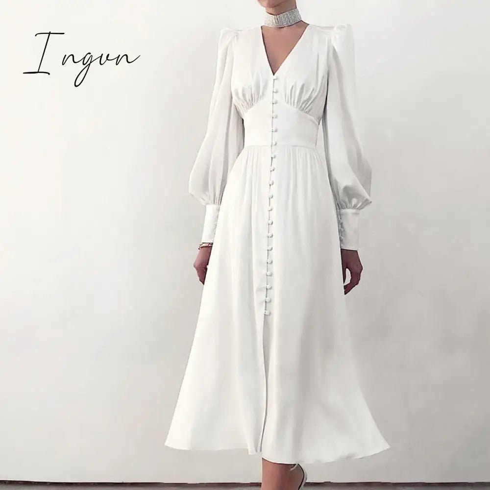 Ingvn - Dress Silk Satin Evening Party Mid - Calf High Quality Empire Buttons Elegant Vintage