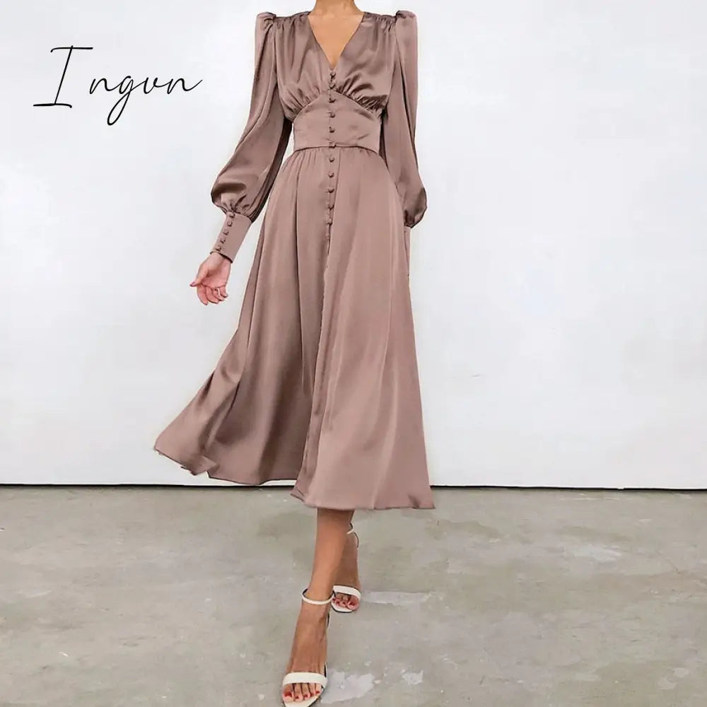 Ingvn - Dress Silk Satin Evening Party Mid - Calf High Quality Empire Buttons Elegant Vintage