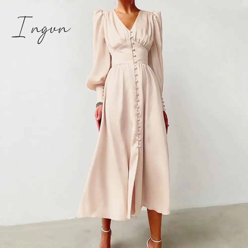 Ingvn - Dress Silk Satin Evening Party Mid - Calf High Quality Empire Buttons Elegant Vintage