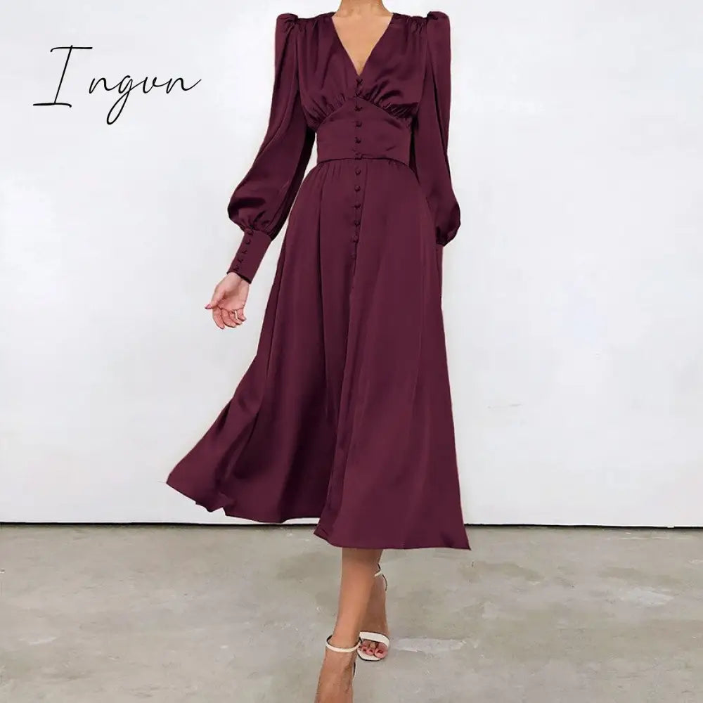 Ingvn - Dress Silk Satin Evening Party Mid - Calf High Quality Empire Buttons Elegant Vintage