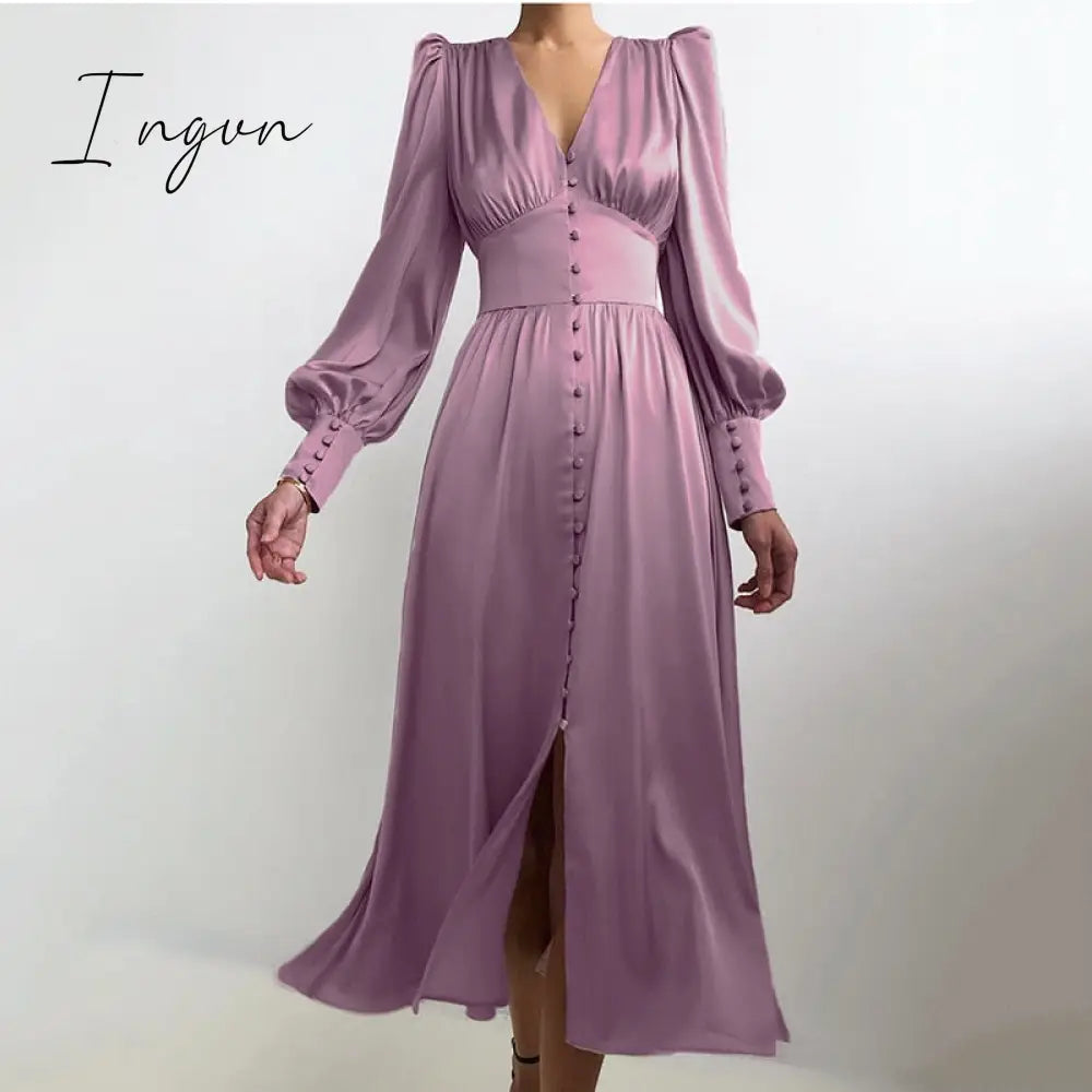 Ingvn - Dress Silk Satin Evening Party Mid - Calf High Quality Empire Buttons Elegant Vintage