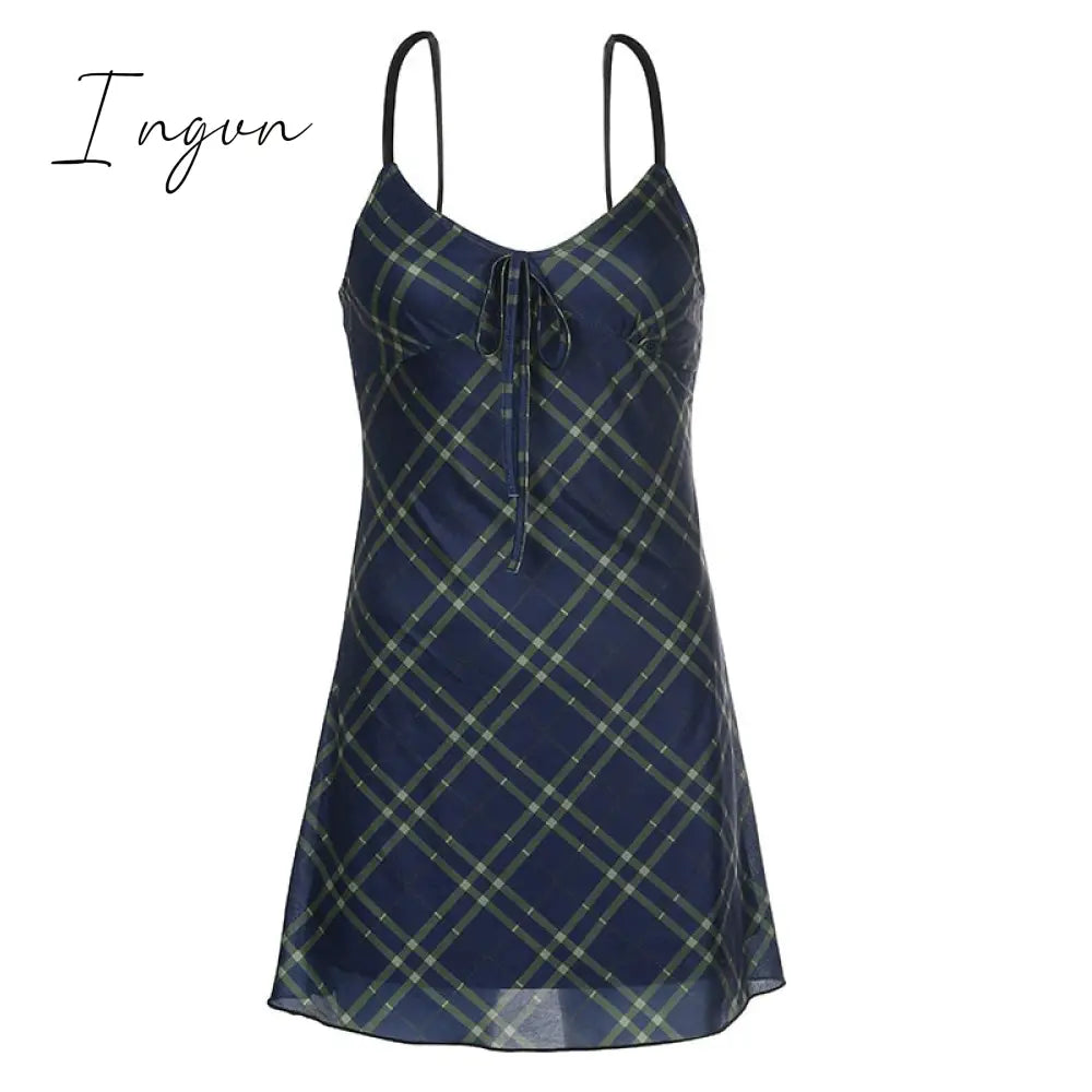 Ingvn - E - Girl 90S Spaghetti Strap Bandage Front Ruffles Plaid Dresses Vintage Mesh V - Neck